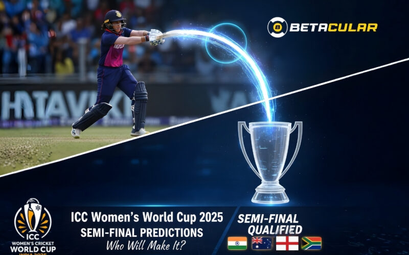 ICC Women’s World Cup 2025 semi-final predictions banner featuring team flags of India, Australia, England, and South Africa with live odds links to Betacular.live and Betacular.in.